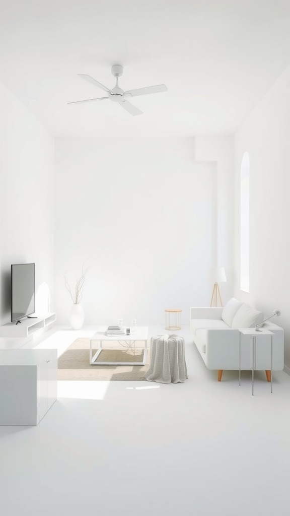 A minimalist living room featuring all-white decor, with a white sofa, white walls, and a white coffee table.