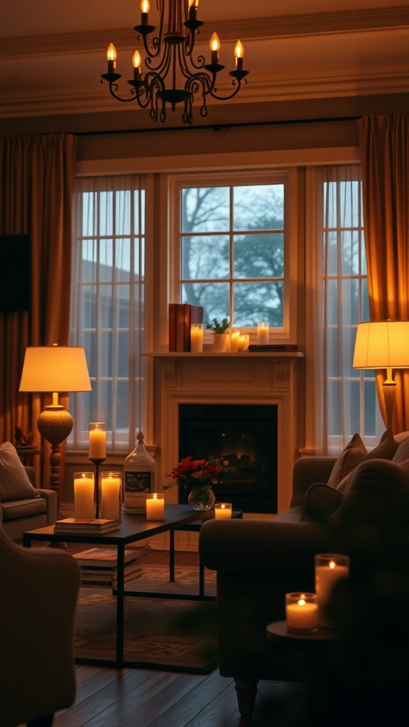 A cozy living room with warm ambient lighting, featuring a chandelier, table lamps, and candles.