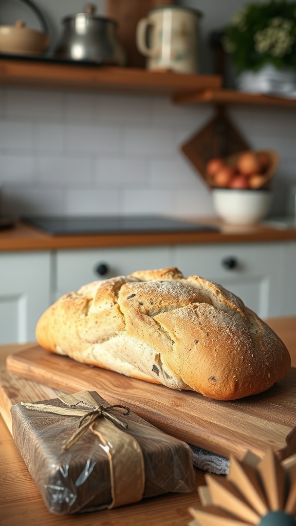 A freshly baked loaf of bread on a wooden cutting board in a cozy kitchen setting.