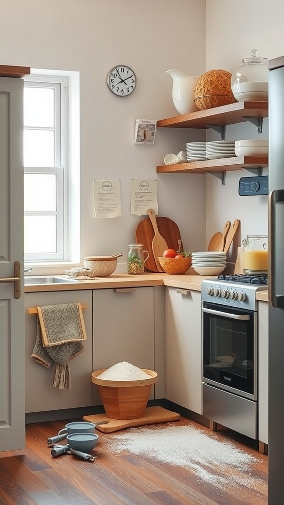 Cozy kitchen baking corner with ingredients and spilled flour.