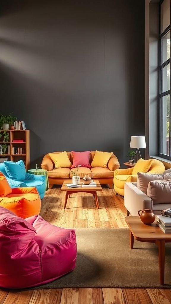 A colorful 70s inspired living room featuring various bean bag chairs and cozy seating arrangements.