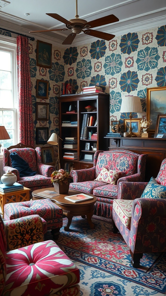 A living room filled with busy patterns on wallpaper and upholstery, creating a cluttered look.