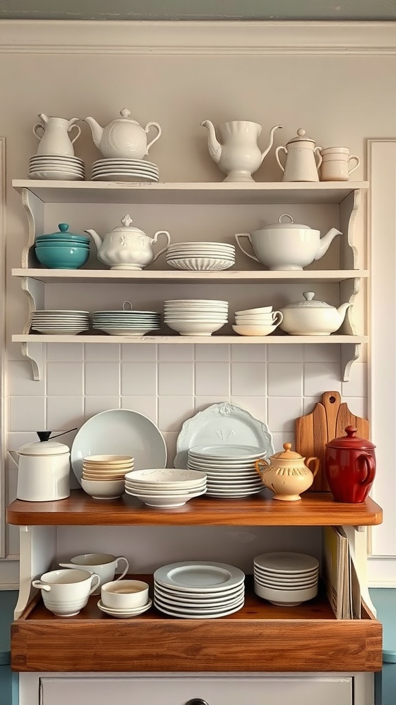 A cozy kitchen shelf displaying vintage dishware, including teapots, plates, and cups, arranged neatly.