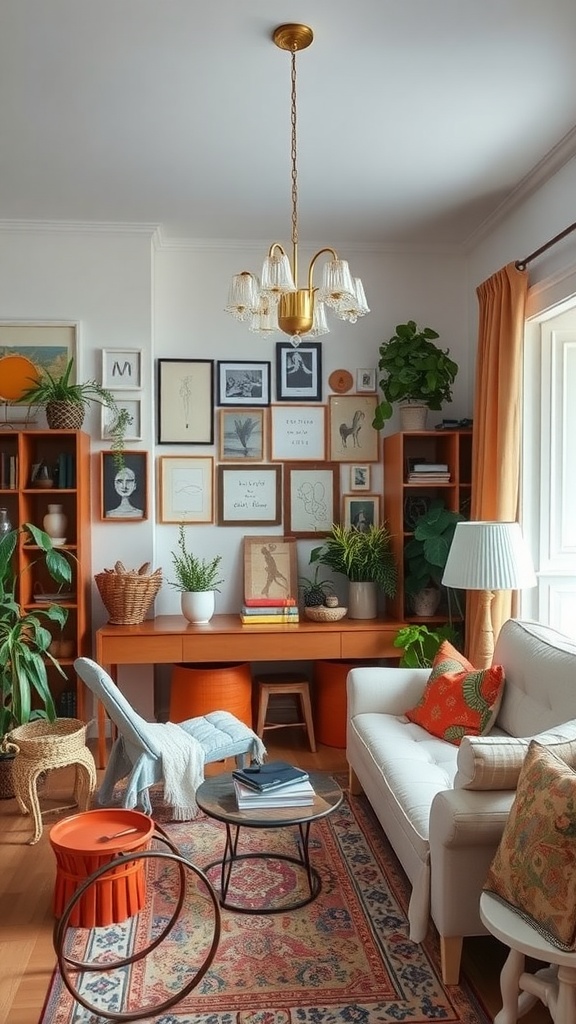 A cozy living room with wooden shelves, plants, and stylish decor items.