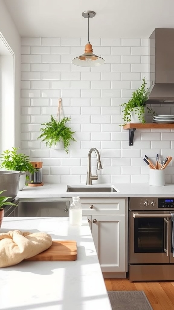 Cozy kitchen featuring a classic subway tile backsplash, white cabinetry, and natural light.