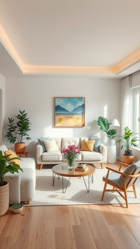 A cozy living room featuring light colors, plants, and comfortable furniture.