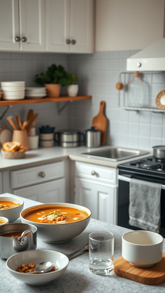 Cozy kitchen with bowls of soup and cooking utensils on the counter