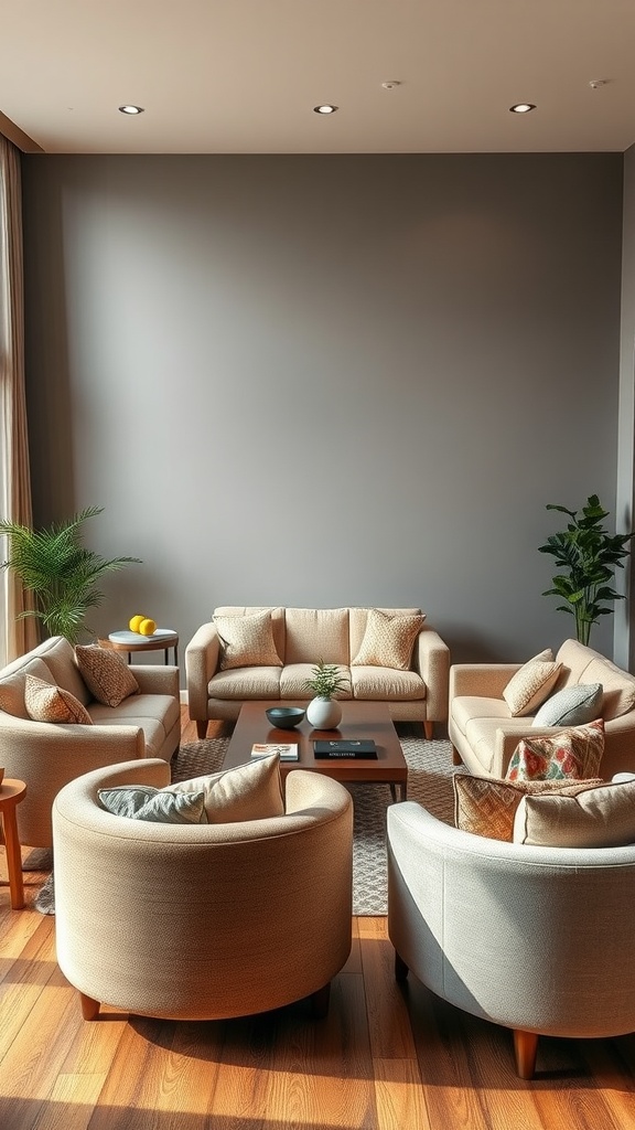 A cozy living room with a central sofa and circular chairs, featuring neutral tones and plants.