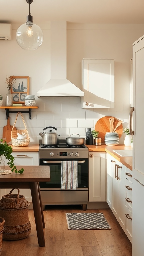 Cozy kitchen with a warm color palette featuring white cabinets, wooden countertops, and green plants.