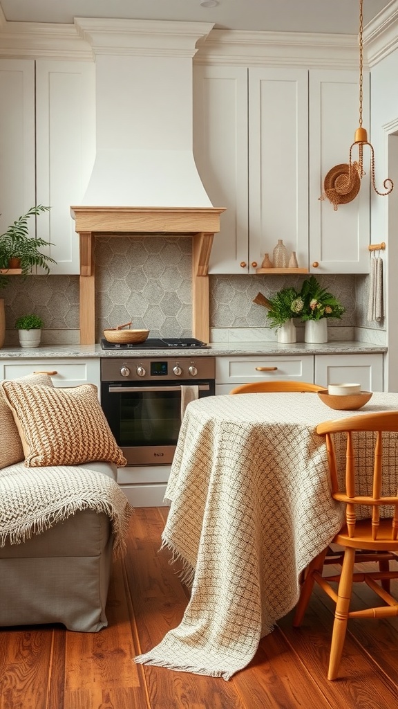 A cozy kitchen with soft textiles including a knitted throw and a patterned tablecloth.