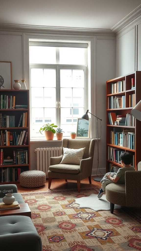 A cozy living room nook with comfortable chairs, a round pouf, and a bookshelf filled with books.