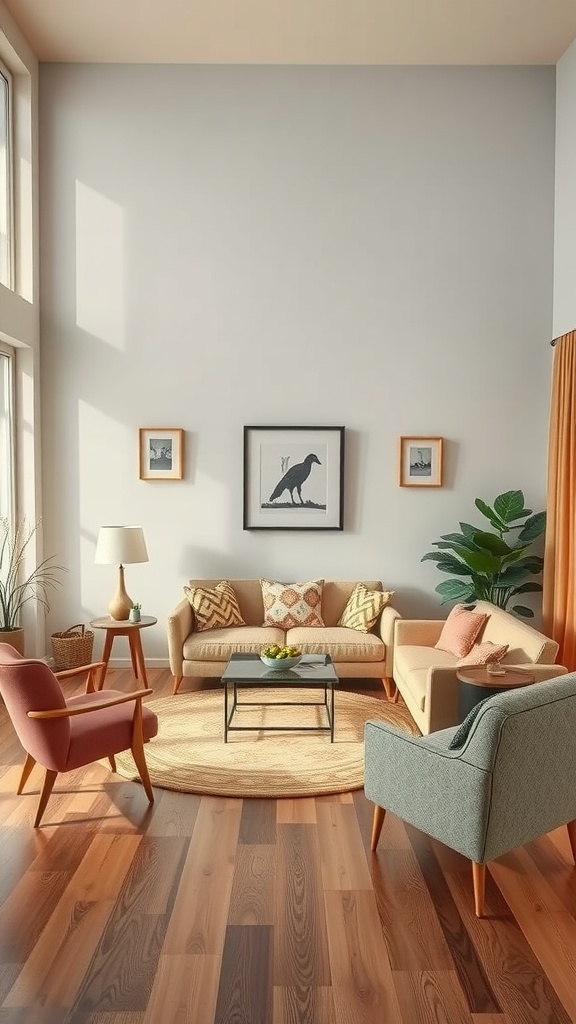 A stylish 70s-inspired living room featuring a cozy sofa, vibrant chairs, a round rug, and large windows.