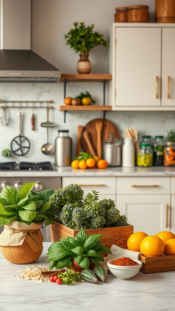 A cozy kitchen with fresh herbs and ingredients on the countertop.