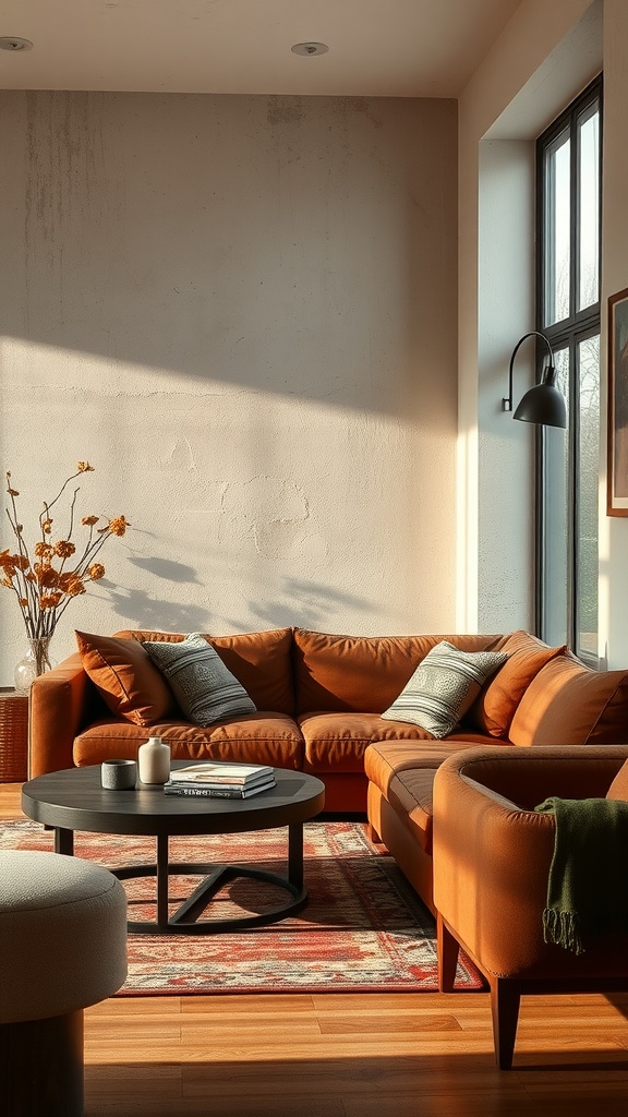 A cozy living room featuring an orange sofa, wooden furniture, and a warm color palette.