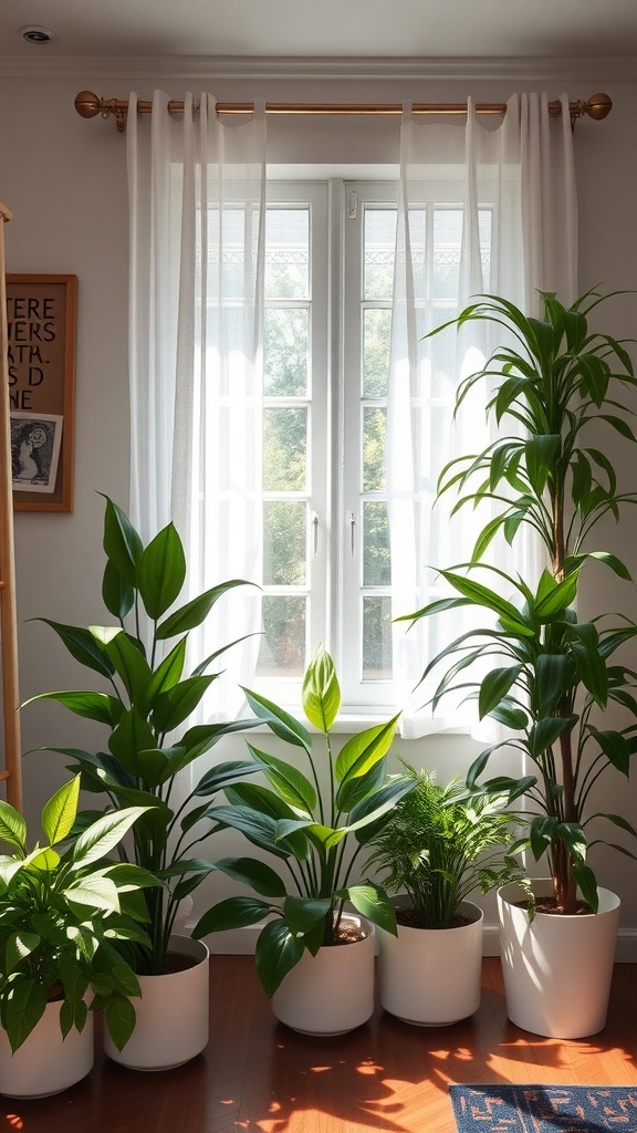 Bright indoor space with several potted plants near a window.