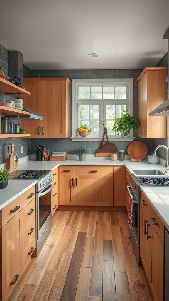 A cozy kitchen with wooden cabinets and open shelves, featuring a warm color palette.