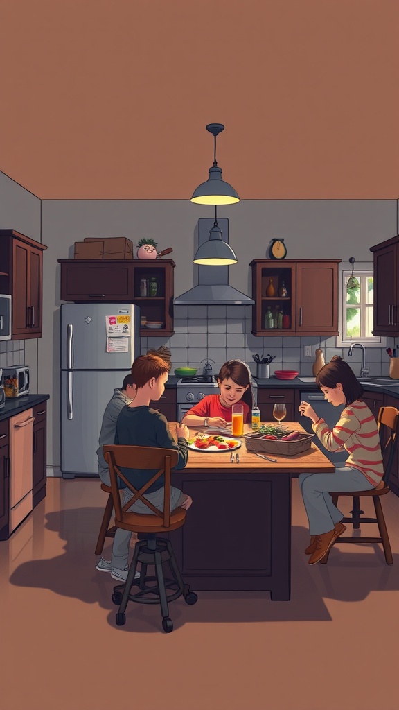 A cozy kitchen scene with a family gathered around a table sharing a meal.