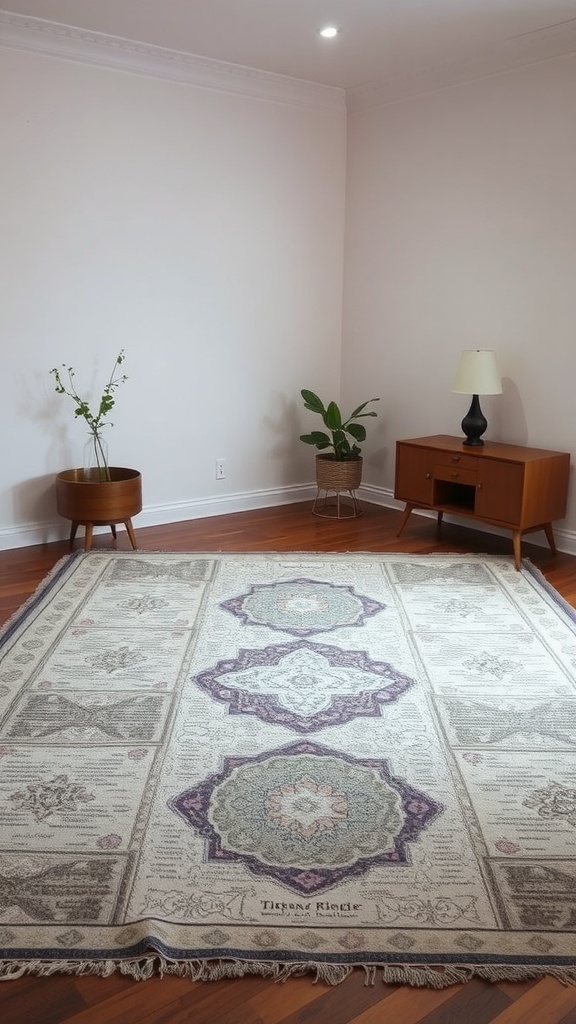 A large, intricate area rug placed in a minimalistic room with plants and furniture.