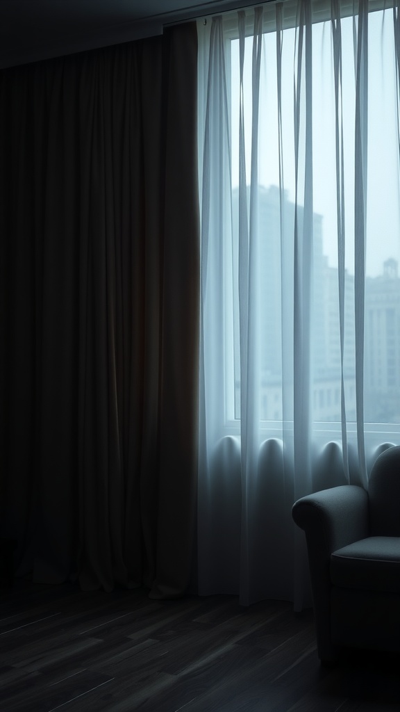 A dimly lit room featuring heavy drapes and sheer curtains by a window, with a sofa in the corner.