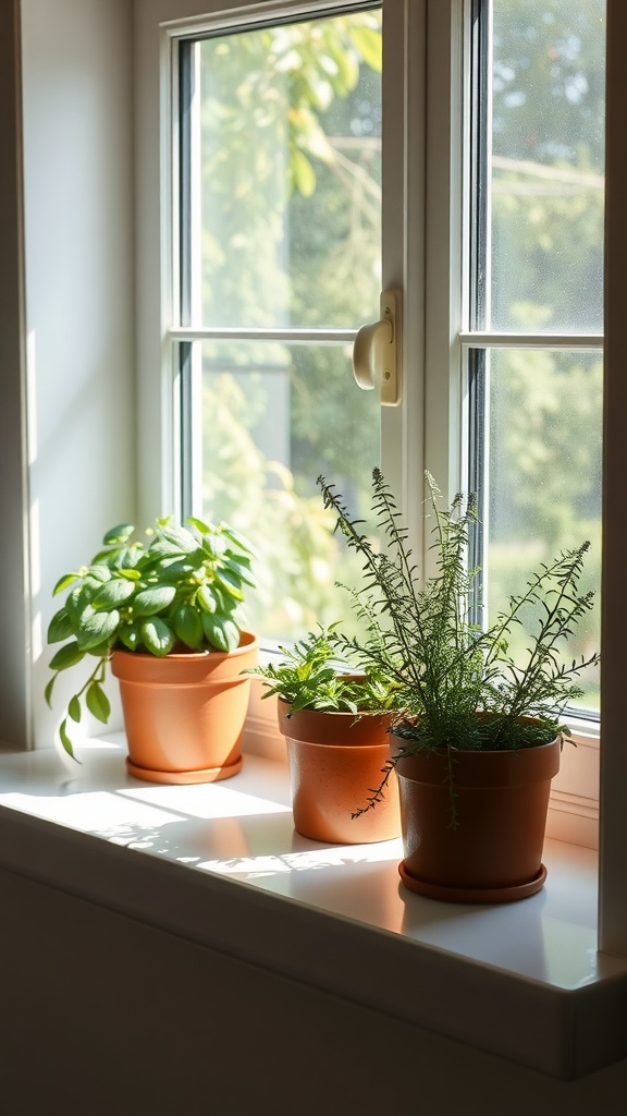 A cozy windowsill with three potted herbs basking in sunlight