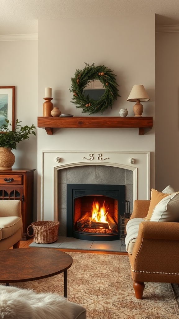 A cozy living room featuring a fireplace with a warm glow, surrounded by comfortable seating and decorative elements.