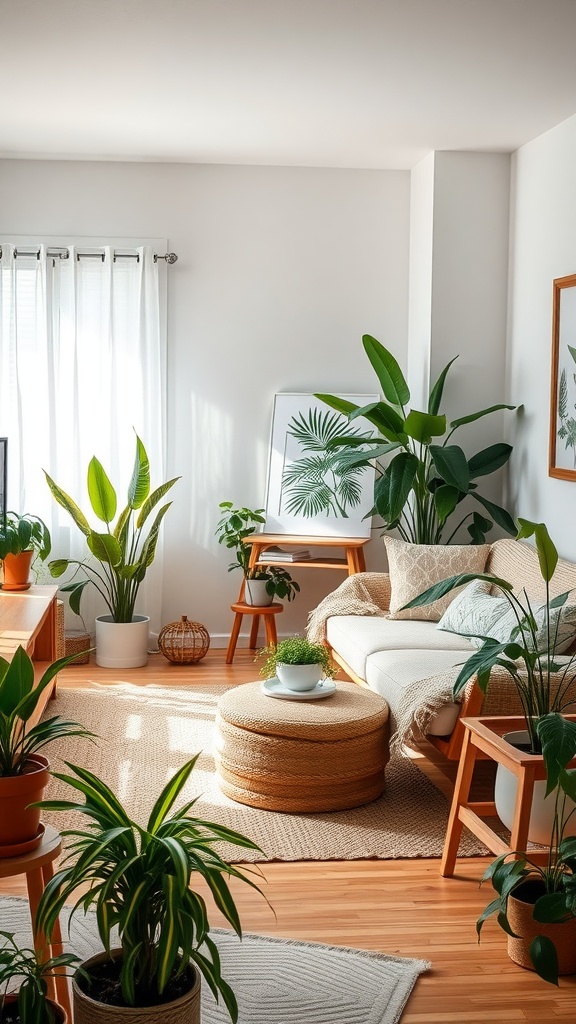 Cozy living room with various plants, wooden furniture, and soft textures.