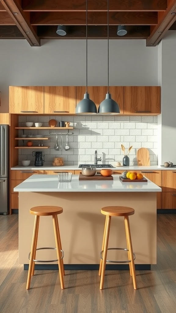 Cozy kitchen with a central cooking island and wooden stools.