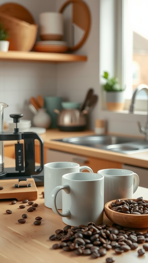 Cozy kitchen coffee nook with mugs and coffee beans