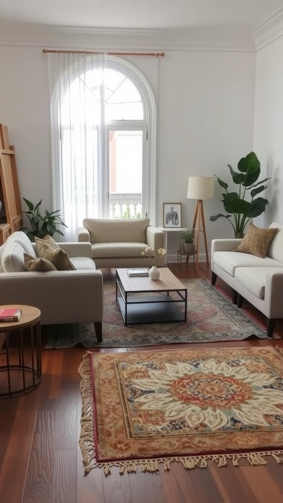 A cozy living room featuring layered rugs, a light color scheme, and plants.