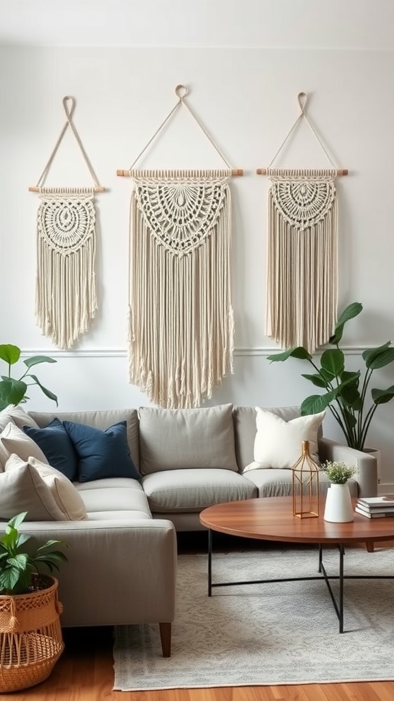 A cozy living room featuring three macrame wall hangings above a gray sofa, with plants and a wooden coffee table.