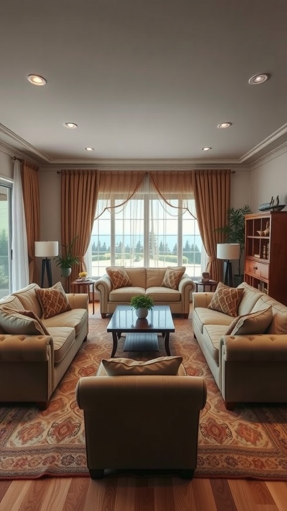 A living room featuring matchy-matchy furniture sets with beige sofas and curtains.