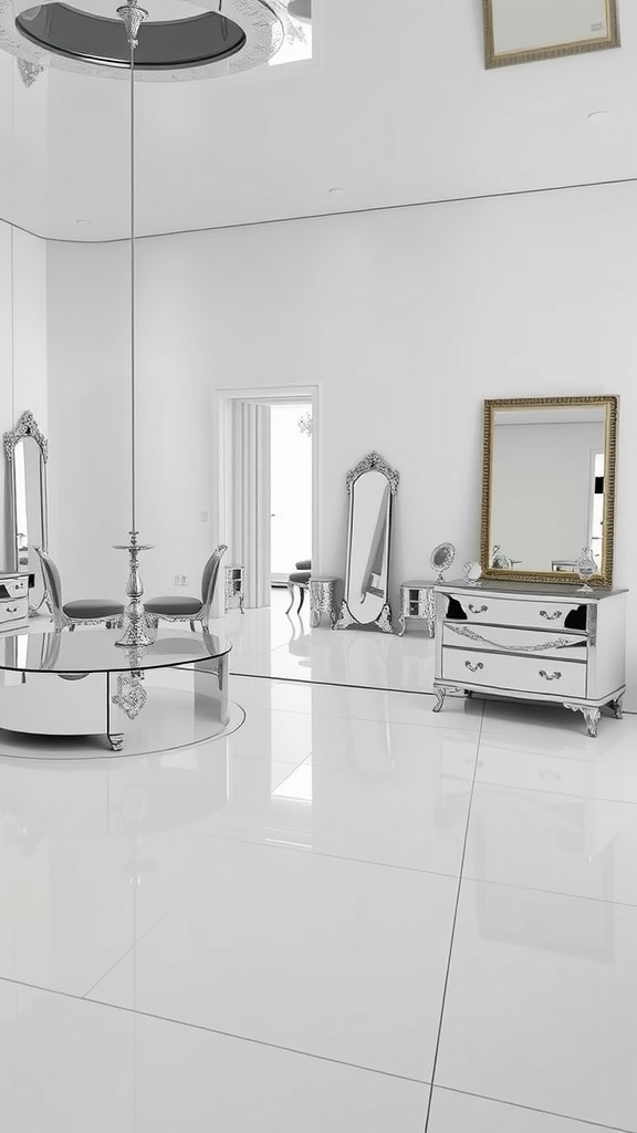 A modern room featuring mirrored furniture, including tables and decorative mirrors, with a glossy white floor.