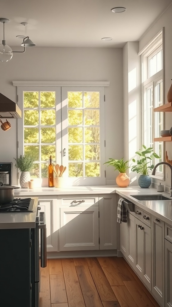 A bright kitchen with sunlight streaming through large windows, showcasing wooden floors and plants.