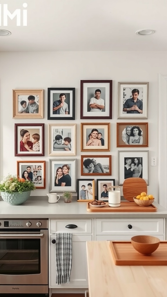 A cozy kitchen with a wall full of framed family photos.