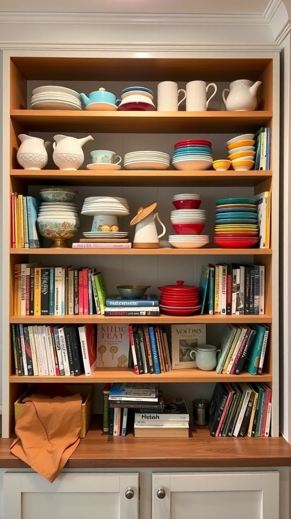 Open kitchen shelves displaying colorful dishes, teapots, and books.