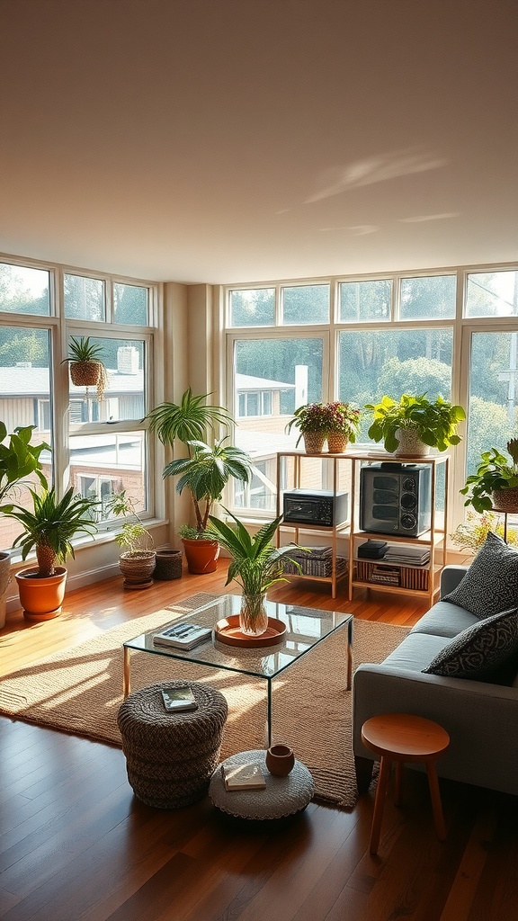 A bright living room with large windows and various indoor plants, featuring a coffee table and a red rug.