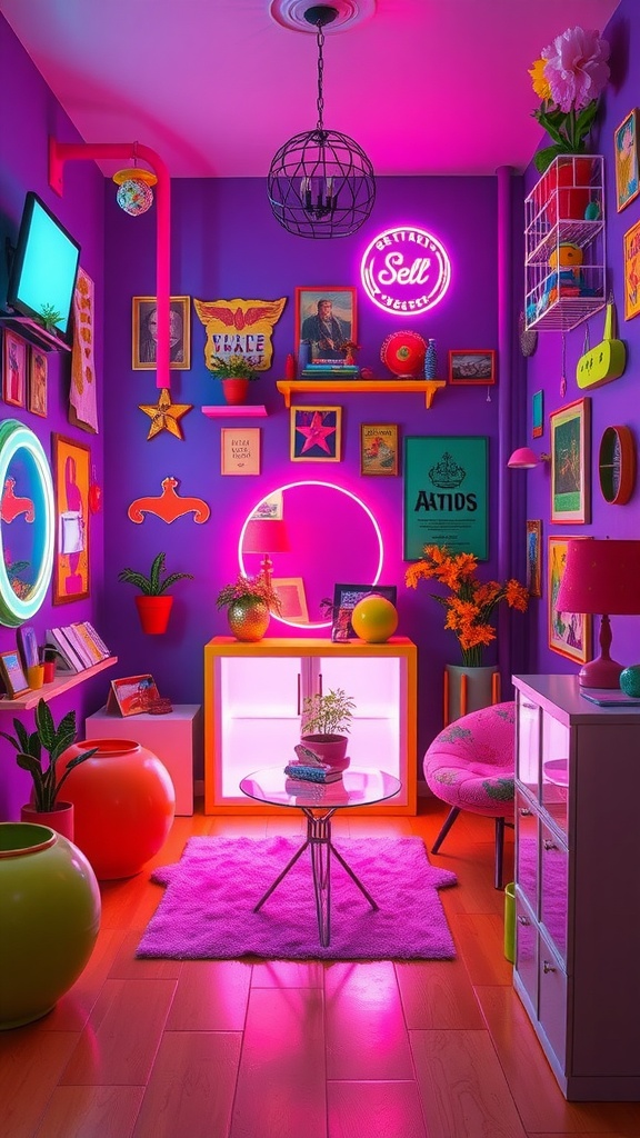 A room filled with vibrant neon colors, showcasing various neon signs and decor elements.