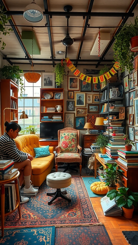 A cozy living room filled with a yellow couch, various books, plants, and framed pictures creating a cluttered yet inviting atmosphere.