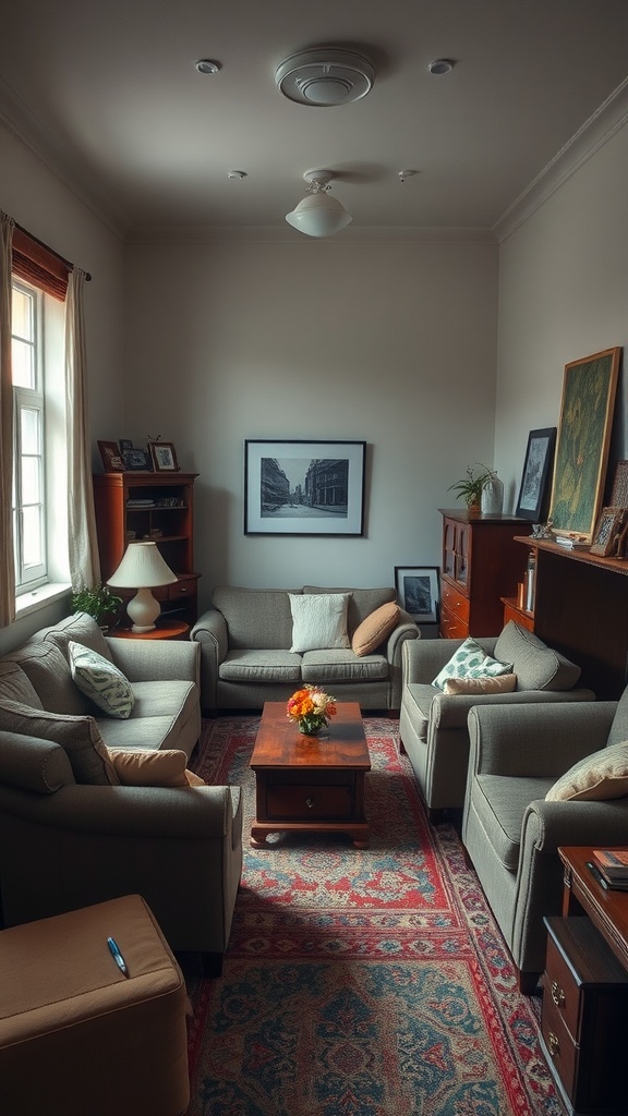 A living room with oversized furniture, showcasing a cozy yet cramped atmosphere.