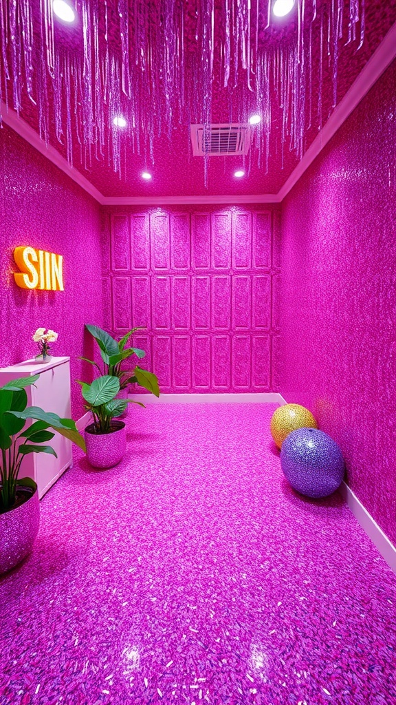 A vibrant pink room filled with glittery decor, showcasing an overwhelming amount of bling.