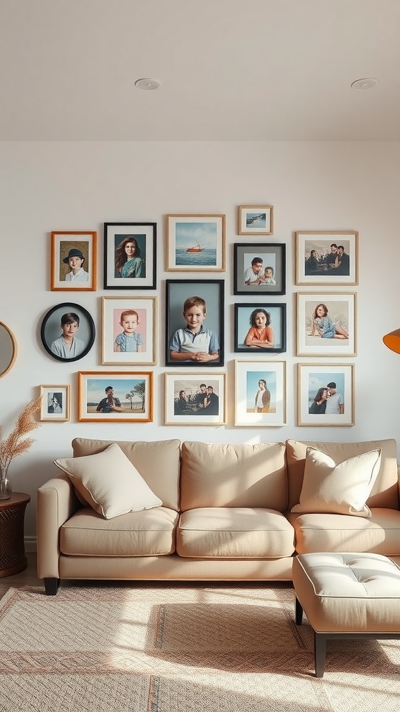 A cozy living room with a personalized gallery wall featuring various framed photos.