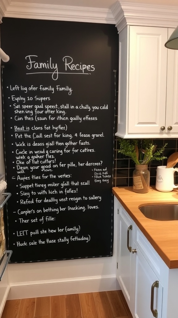 A chalkboard recipe board with various family recipes written on it, framed by wooden decor.