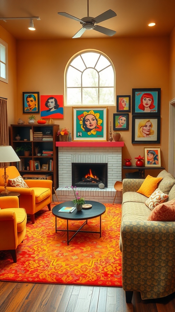 A 70s inspired living room with pop art decor featuring colorful portraits, orange chairs, and a cozy atmosphere.