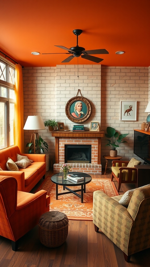 A retro-inspired living room featuring an orange ceiling, warm-colored furniture, and earthy accents.