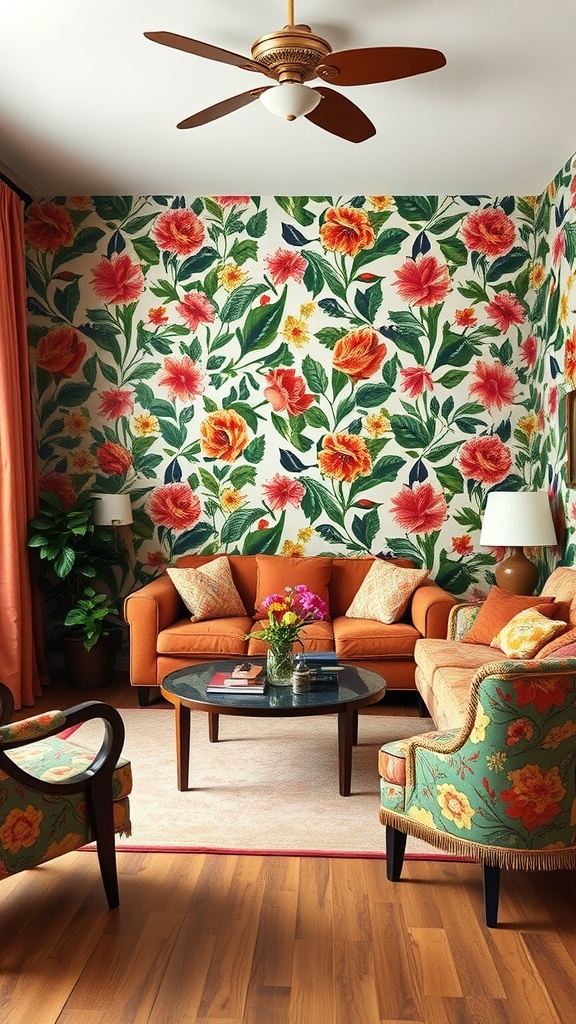 A vibrant 70s living room featuring bold floral wallpaper, an orange sofa, and patterned chairs.