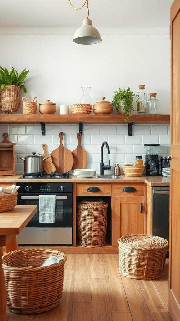 A cozy kitchen featuring wooden cabinets, woven baskets, and bright plants.