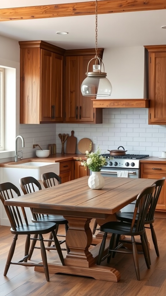 A cozy kitchen featuring rustic wood cabinets and a wooden dining table with black chairs.