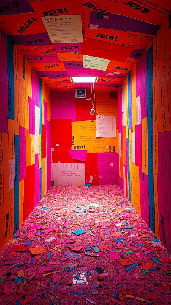 A room filled with bright, saturated colors and scattered paper elements, showcasing an overwhelming color palette.