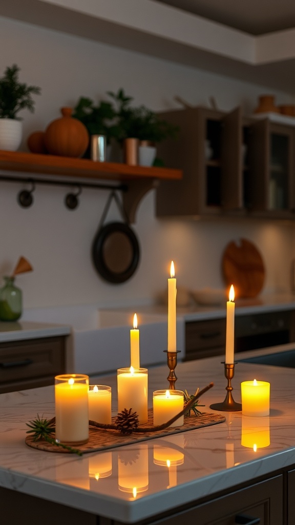 A cozy kitchen scene featuring various scented candles on the counter.