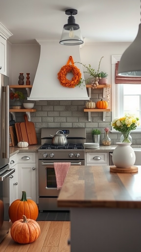 A cozy kitchen decorated with pumpkins and an orange wreath for the fall season.